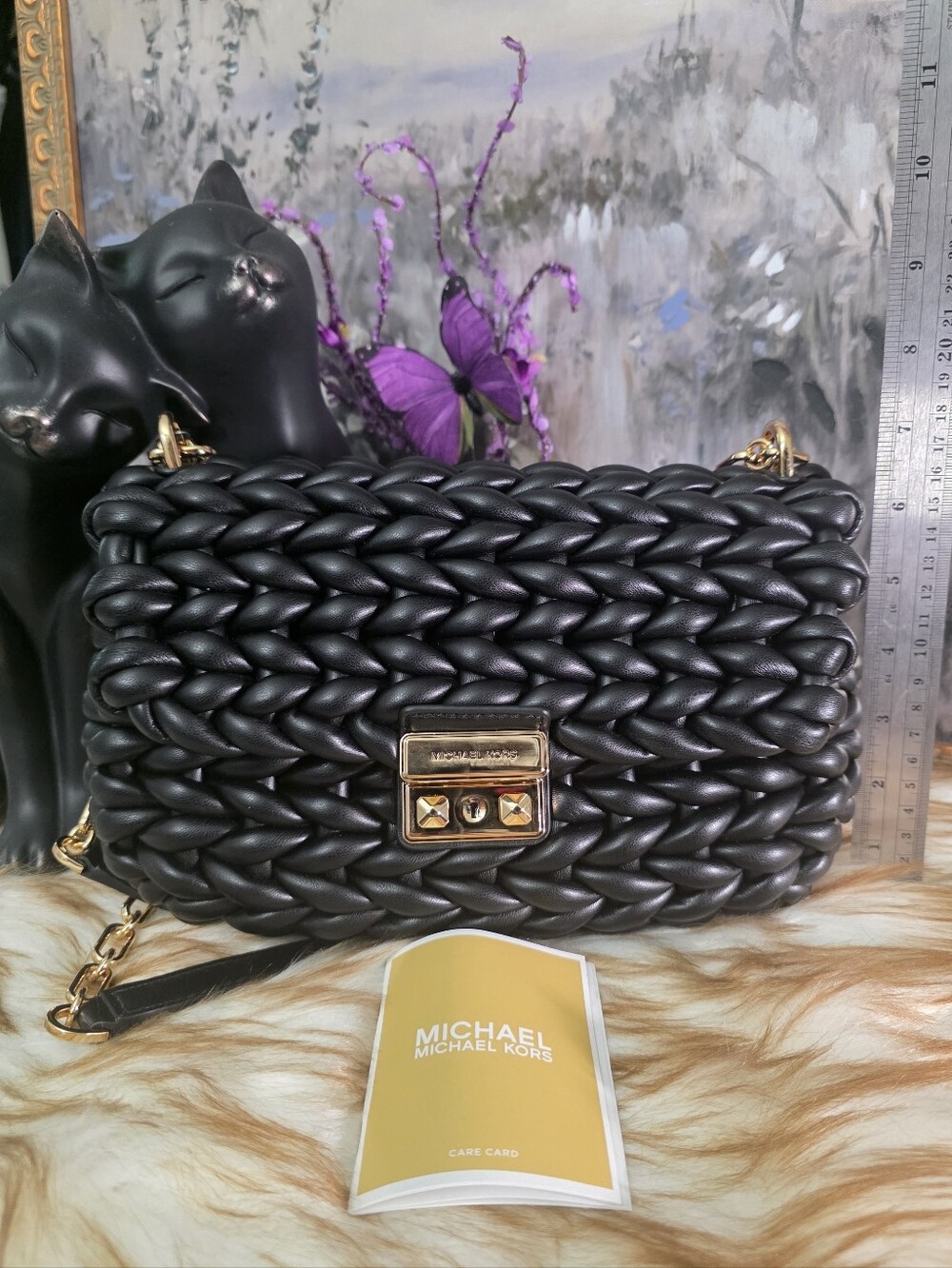 Auth NWT Michael Kors Black Braided Leather Shoulder Bag with Gold Chain - Picture 11 of 11